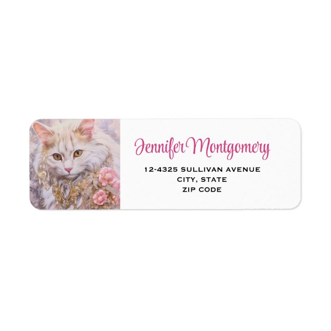 Elegant White Cat in Gold and Diamonds Label (Front)