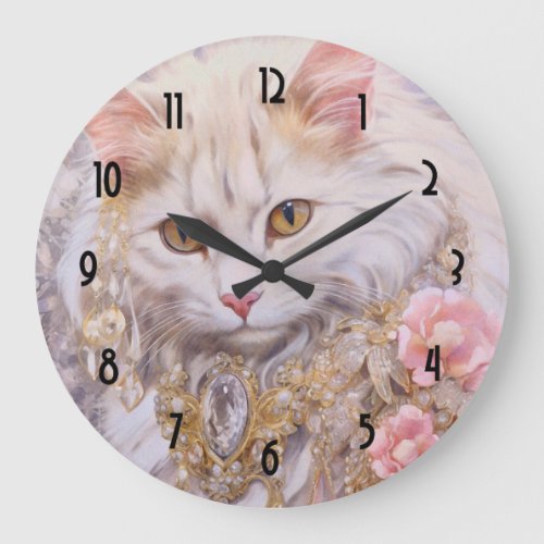 Elegant White Cat in Gold and Diamonds Large Clock