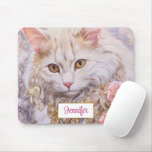 Elegant White Cat in Gold and Diamonds Mouse Pad