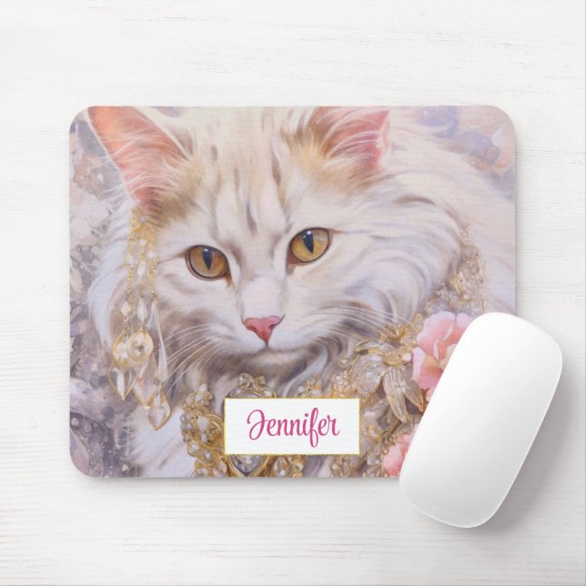 Elegant White Cat in Gold and Diamonds Mouse Pad (With Mouse)