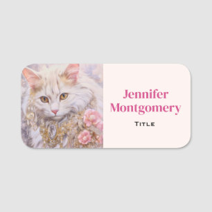 Elegant White Cat in Gold and Diamonds Name Tag