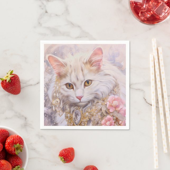 Elegant White Cat in Gold and Diamonds Napkins (Insitu)