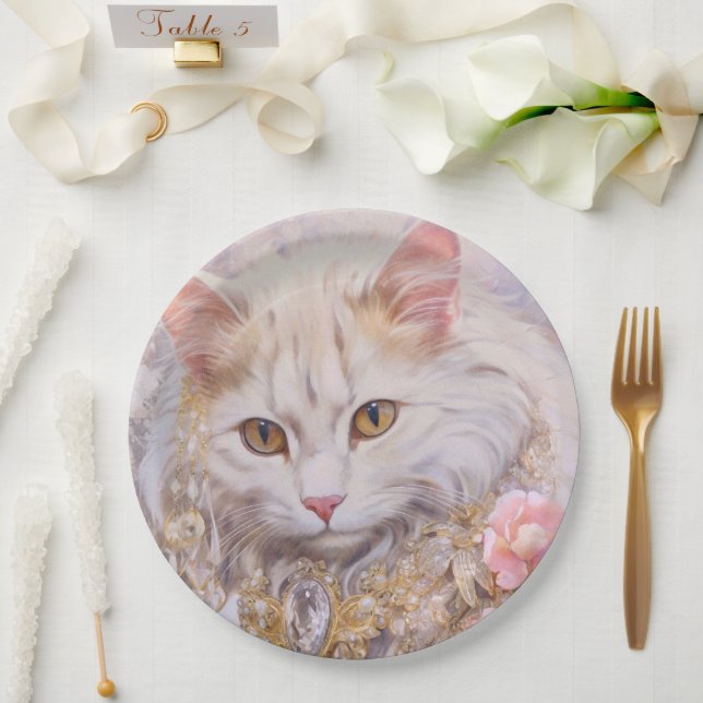 Elegant White Cat in Gold and Diamonds Paper Plates (Wedding)