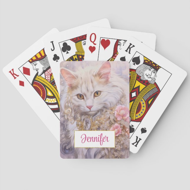 Elegant White Cat in Gold and Diamonds Poker Cards (Back)
