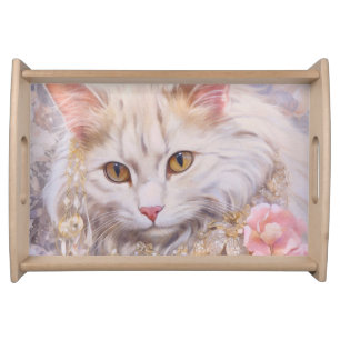 Elegant White Cat in Gold and Diamonds Serving Tray