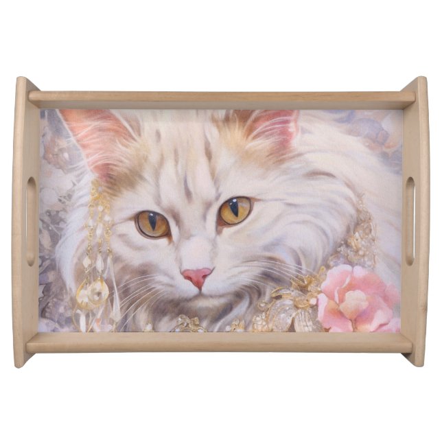 Elegant White Cat in Gold and Diamonds Serving Tray (Front)