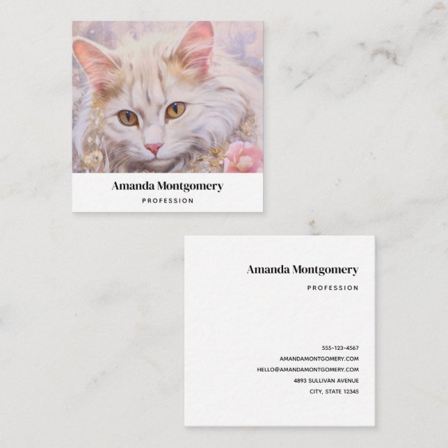Elegant White Cat in Gold and Diamonds Square Business Card (Front/Back)