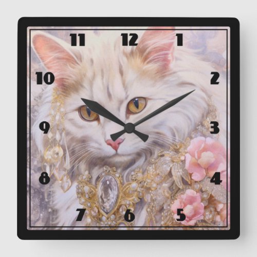 Elegant White Cat in Gold and Diamonds Square Wall Clock
