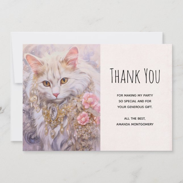 Elegant White Cat in Gold and Diamonds Thank You (Front)