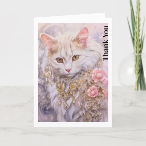 Elegant White Cat in Gold and Diamonds Thank You Card