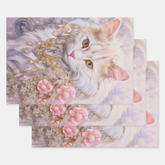 Elegant White Cat in Gold and Diamonds Wrapping Paper Sheets (Set)