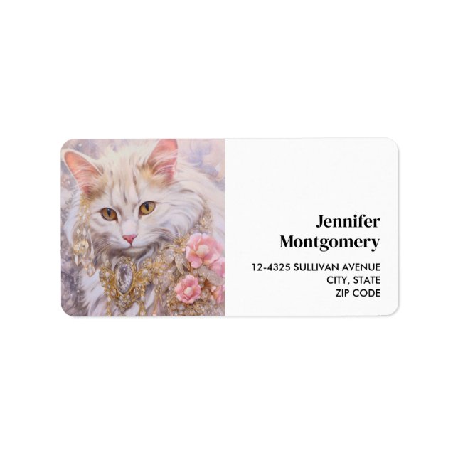 Elegant White Cat in Luxury  Jewels Label (Front)