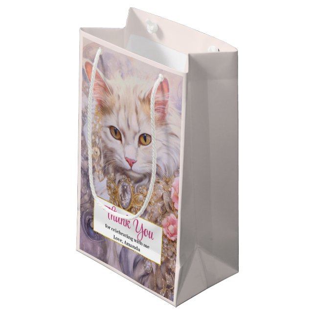 Elegant White Cat in Luxury Jewels Thank You Small Gift Bag (Front Angled)
