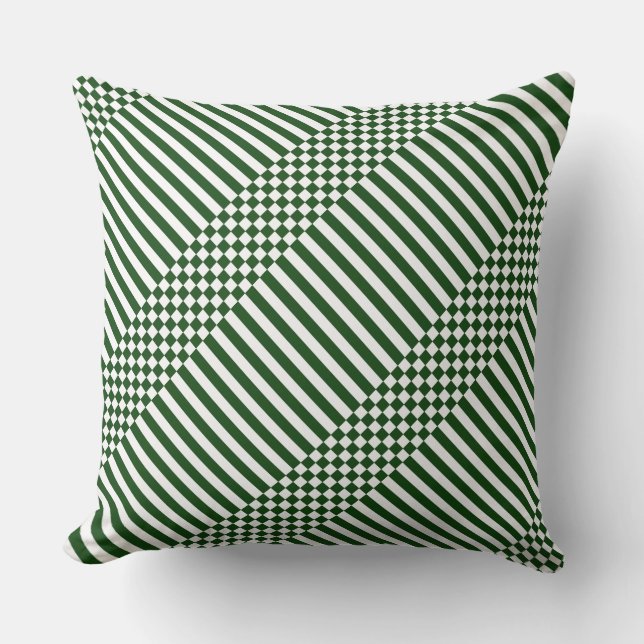 Elegant White Checker & Stripes Green Throw Pillow (Front)