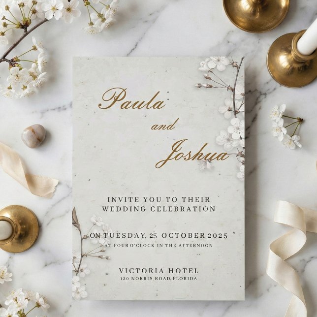 Elegant White Cherry Blossom & Gold Script Wedding Invitation (Creator Uploaded)