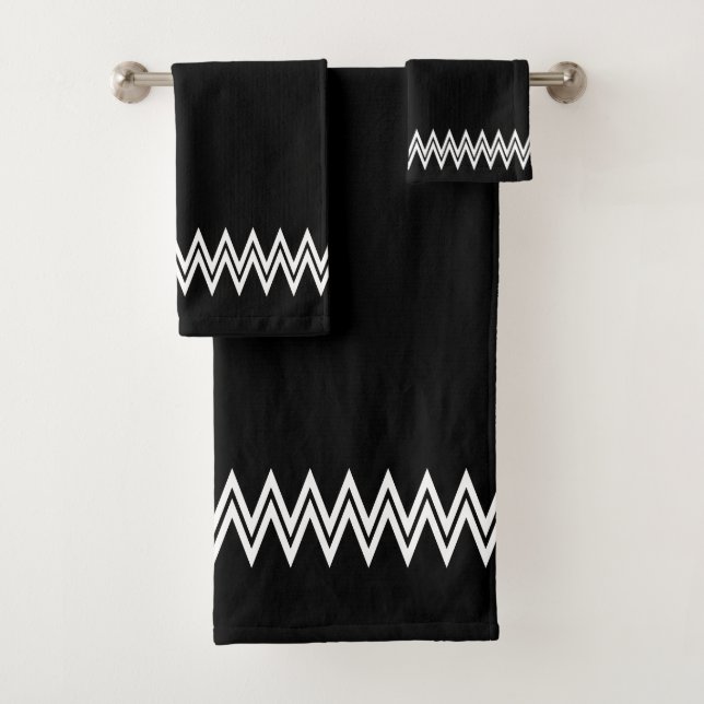 Elegant White Chevron Decorative Lines on Black Bath Towel Set (Insitu)