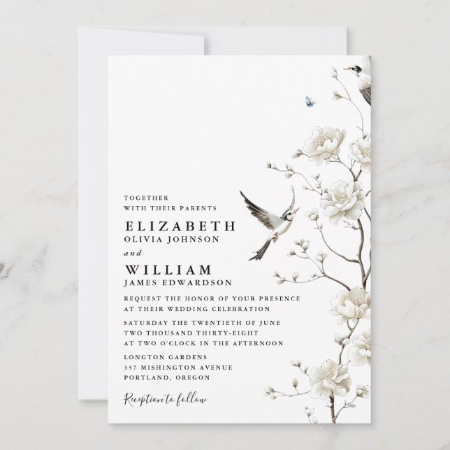 Elegant White Chinoiserie Floral Details Wedding Invitation (Front)