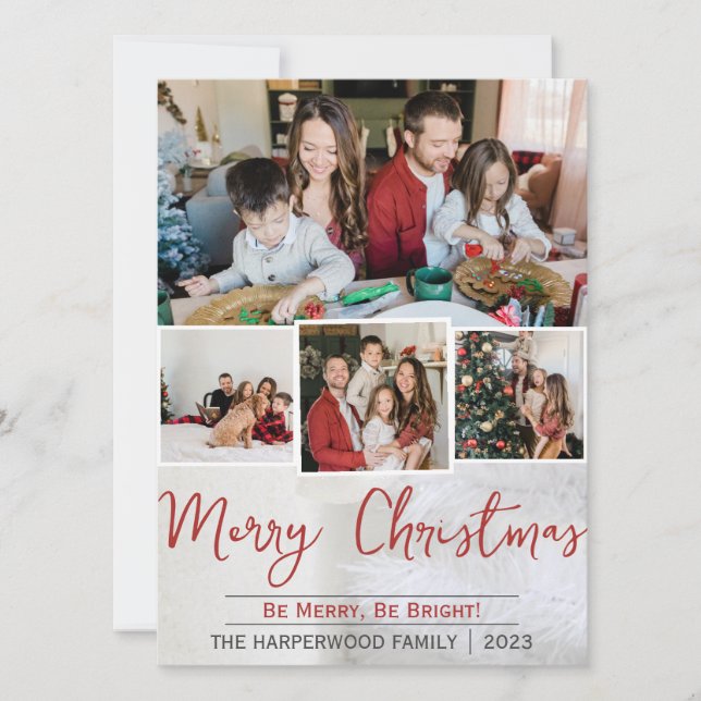 Elegant White Christmas Family Photo Collage Holiday Card (Front)