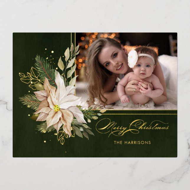 Elegant White Christmas Flowers Calligraphy Photo  Foil Holiday Postcard (Front)
