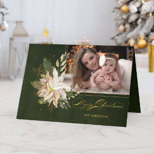 Elegant White Christmas Flowers Calligraphy Photo Holiday Card
