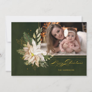 Elegant White Christmas Flowers Calligraphy Photo  Holiday Card