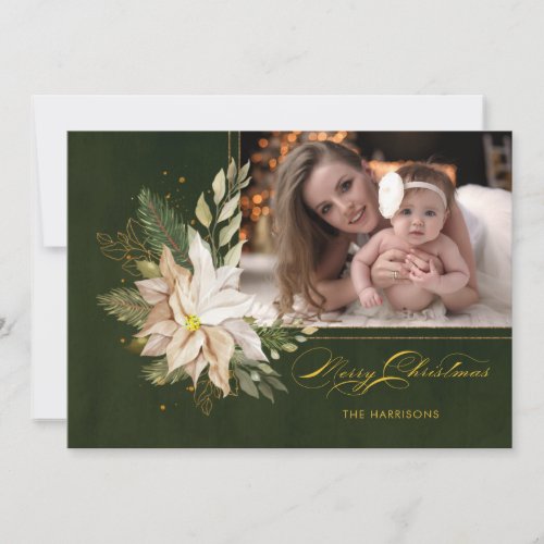 Elegant White Christmas Flowers Calligraphy Photo  Holiday Card