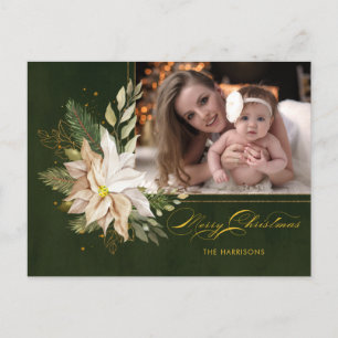 Elegant White Christmas Flowers Calligraphy Photo  Holiday Postcard