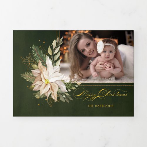 Elegant White Christmas Flowers Calligraphy Photo  Tri_Fold Holiday Card