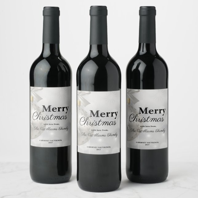 Elegant White Christmas Ornament Holiday Party   Wine Label (Bottles)