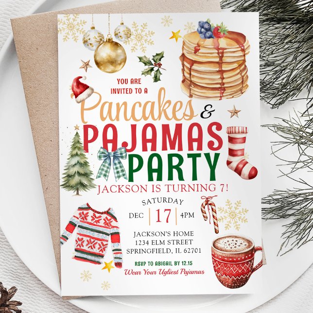 Elegant White Christmas Pancake Pajamas Birthday Invitation (Creator Uploaded)