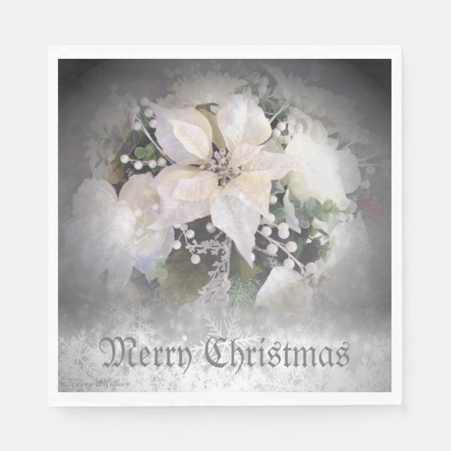 Elegant White Christmas Poinsettia Napkins (Front)