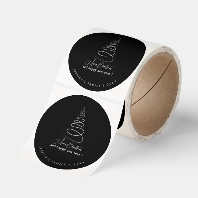 Elegant White Christmas Tree Black Classic Round Sticker (Roll)