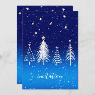 Elegant White Christmas Tree Gold Stars Dinner Invitation