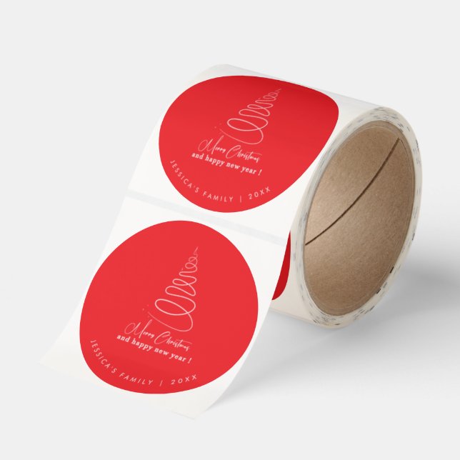 Elegant White Christmas Tree Red Classic Round Sticker (Roll)