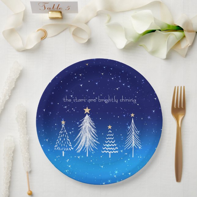 Elegant White Christmas Tree with Gold Stars Paper Plates (Wedding)
