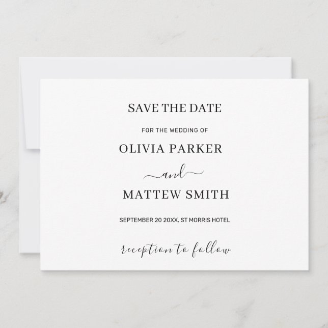 Elegant White Classic Minimalist Wedding Save The Date (Front)