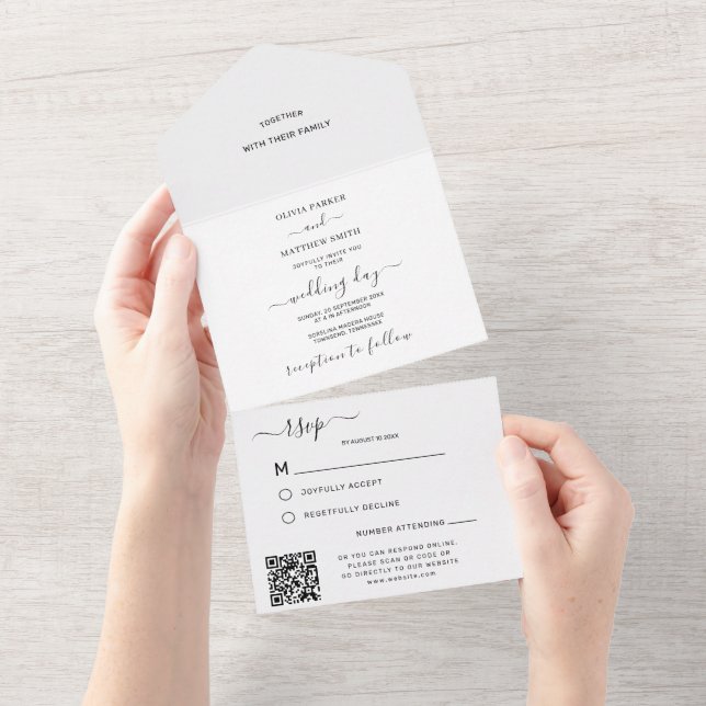 Elegant White Classic Wedding QR Code RSVP All In One Invitation (Tearaway)
