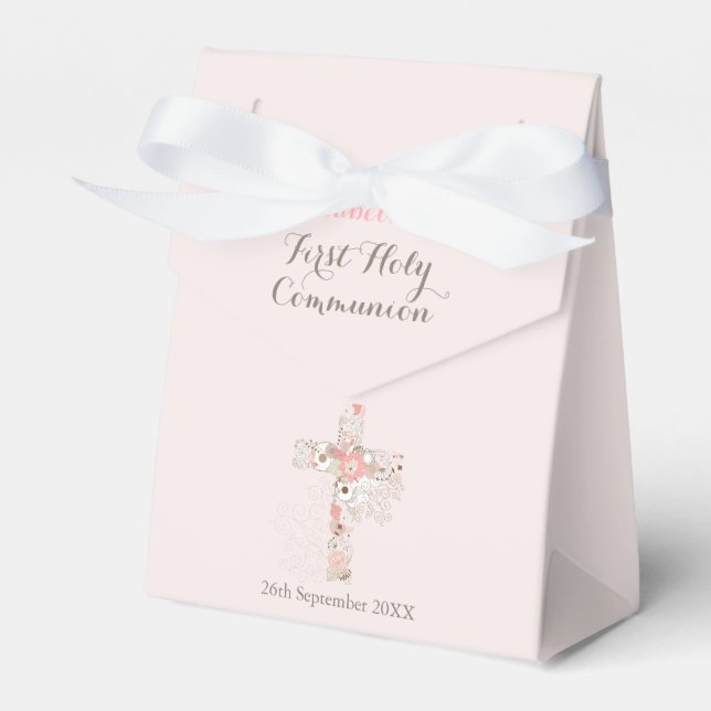 Elegant white communion floral cross  favor box (Front Side)