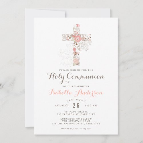 Elegant white communion floral cross invitation