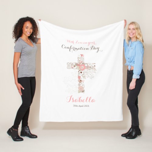 Elegant white confirmation floral cross name fleece blanket