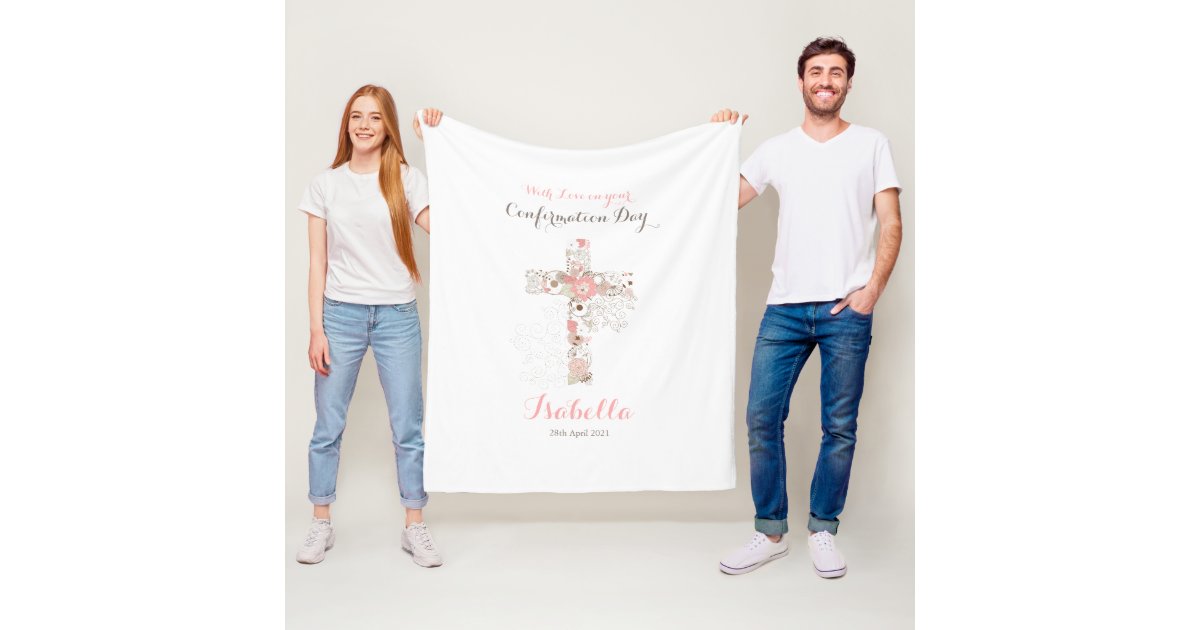Elegant white confirmation floral cross name fleece blanket Zazzle