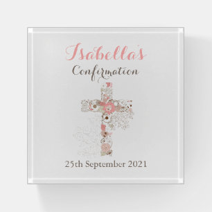 Elegant white confirmation floral cross name paperweight