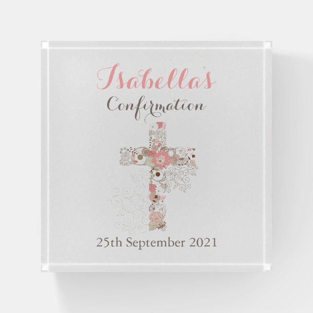 Elegant white confirmation floral cross name paperweight (Front)