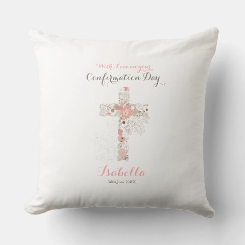 Elegant white confirmation floral cross name throw pillow