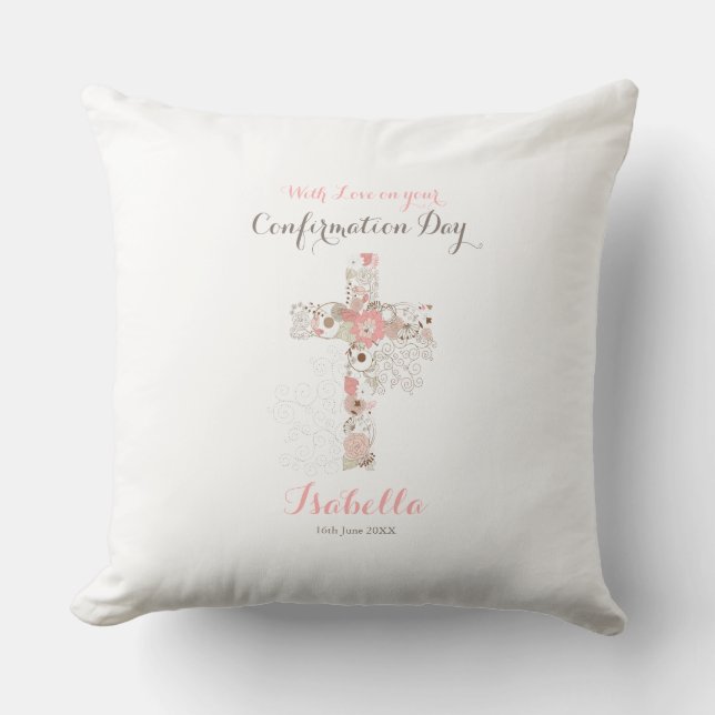 Elegant white confirmation floral cross name throw pillow (Front)