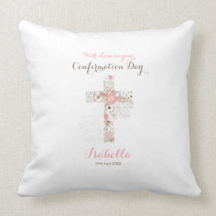 Elegant white confirmation floral cross name throw pillow