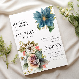 Elegant white coral blue pink mint floral wedding invitation