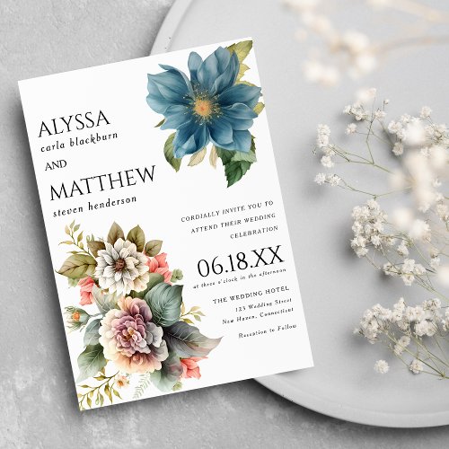 Elegant white coral blue pink mint floral wedding invitation