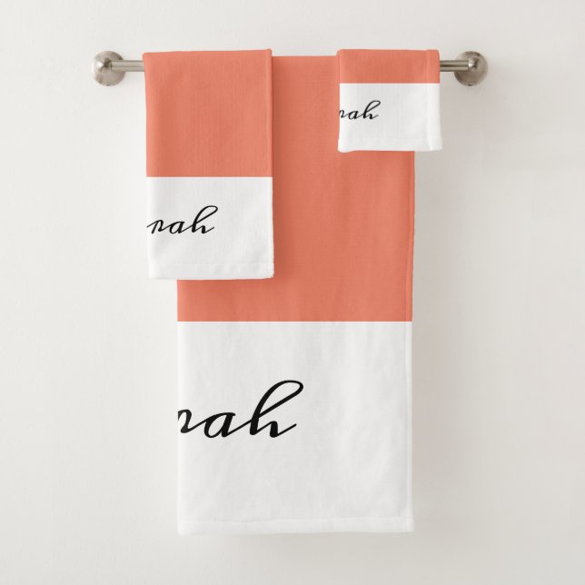 Elegant White & Coral Calligraphy Name Bath Bath Towel Set (Insitu)