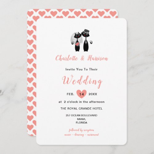 Elegant White Coral Cute Whimsy Black Cats Wedding Invitation